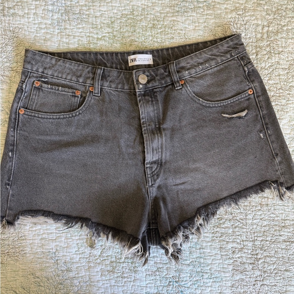 Zara Gray Jean Shorts Distressed High-Waisted